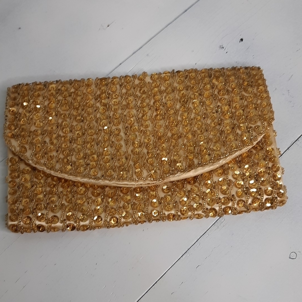 Gold sequin vintage small clutch purse